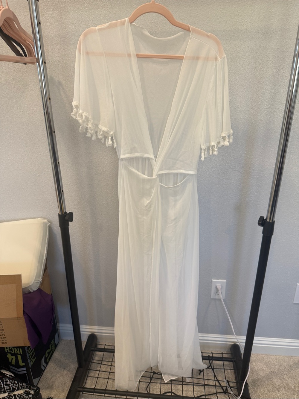 Women's Sheer Tassel-Trim Swim Cover-Up Robe in White Large w Front Cut Outs